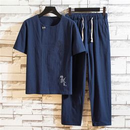 Men's Clothing Large Size Tracksuit Husband Summer Suit Cotton Linen t-shirt Fashion Male Set Chinese Style 5XL Plus Two Piece X0610