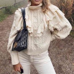 Winter Fashion Women Ruffled Chic Sweet Lantern Sleeve Laminated High Neck Knitted Sweaters Vintage Pullovers Tops Jumpers 210806