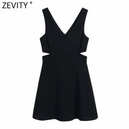 Women Sexy Deep V Neck Side Hollow Out Black Sling Mini Dress Femme Chic Summer Wear Casual Slim Party Vestido DS8113 210416