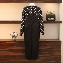 Women's Two Piece Pants Rompers Suit 2021 Brand Women Casual Dots Shirt And Loose Wide Leg Pockets Jumpsuit Overalls Oversized