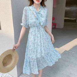 Vintage Floral Print Dress Women Summer Short Sleeve Bow Chiffon Dresses Plus Size Beach Boho Dress Vestidos 210515
