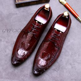 Pointed Toe Mens Oxford Dress Shoes Genuine Leather Burgundy Black Mens Crocodile Shoes Lace Up Business Office Formal Shoes Men