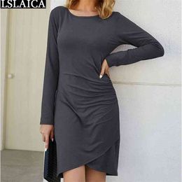 Elegant Bodycon Dress Women Long Sleeve O Neck Solid Slim Ruched Mini Office Lady Autumn Plus Size Ropa Mujer 210515