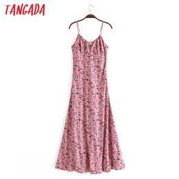 Fashion Women Pink Flowers Print Summer Sleeveless Ladies Zipper Maxi Dress QW85 210416