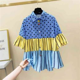 Women's Turn Down Collar Half Sleeves Dot And Stripe Patchwork Shirt Students Girls Ladies Shirts Tops A3621 210428