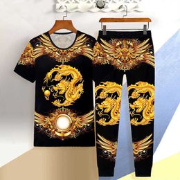 Summer Men's 3d T-shirt + Shorts 2-piece Suit Men's Summer Street Hip-hop 3dt Shirt Suit 2021 New Sports Casual Men's Clothing X0909