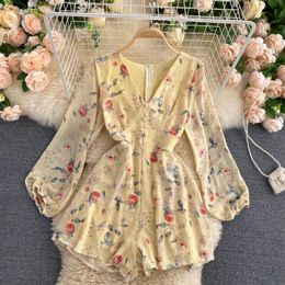 SINGREINY French Print Jumpsuits Women Sweet V Neck Puff Sleeve Casual Rompers Autumn Bohemian Print Wide Leg Short Rompers 210419