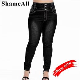 Plus Size Button Up Skinny Black Grey Long Jeans 4XL 5XL Women Spring High Waist Stretch Thin Denim Pants Lady Trousers 210809
