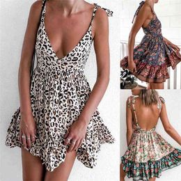 Summer Women Dress Sexy Spaghetti Strip Deep V-neck Backless Party Leopard Print Boho Ruffled Beach es Vestidos 210517