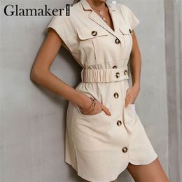 Glamaker Cotton casual fashion all-match mini dress Female buttons pocket office ladies white dress with belt Elegant vestidos 210331