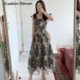 sequin embroidery Woman mesh Dress Summer spaghetti strap slash neck casual design psrty black lace maxi dress 210603