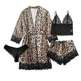 Summer Pyjamas Sexy Lingerie Sexy Cute Pyjamas Set Silk Satin Sleepwear Leopard Print Pyjamas Women Pijamas Conjuntos Q0706