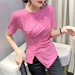 Solid Basic short Sleeve Womens Tshirt Casual Folds Diamond Fashion Crop Top T Shirt Ladies Korean Tee y2k tops 210507