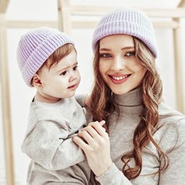 M418 Baby Kids Mother Knitted Hat 2pcs/set Solid Color Toddlers Children Headwear Adult Beanies Caps Set