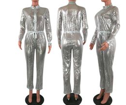 Women Sexy Jumpsuits Glitter Sequin Metallic Rompers Long Sleeve Onesie Loose Pants Party Clubwear with Belt Zipper Closure S-3XL Red Black Silver