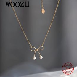 WOOZU 14k Gold Plated 925 Sterling Silver Sweet Pearl Bow Pendant Link Chain Necklace For Women Korean Butterfly Jewellery Gift