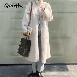 Qooth Women Winter Loose Long Lamb Wool Coat Jacket Beige Parkas Single Breasted Overcoat Round Collar Outerwear Pockets QT310 210518