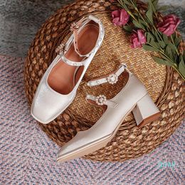 Dress Shoes Retro Wedding Woman Beads Satin Pumps Thick High Heels Women Pearl Flower Buckle Strap Mary Janes Talons Hauts