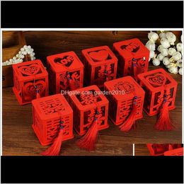 Party Wood Double Happiness Wedding Favour Boxes Candy Box Chinese Red Classical Hollow Sugar Case With Tassel Bc7V4 Ampum