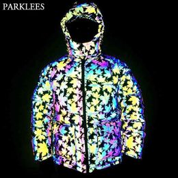 Maple Leaves Rainbow Reflective Hooded Jacket Men Winter Reflective Padded Coat Warm Jackets Male Fluorescent Outwear 210522