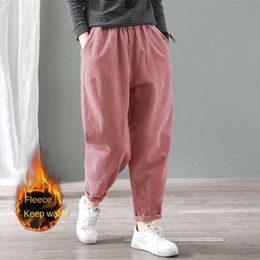 Velvet Warm Winter Pants for Women Elastic Waist Corduroy Harem Pant Loose Solid Pockets Oversize Streetwear Trousers 211115