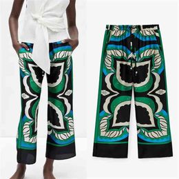 TRAF Women Pants Za Green Wide Leg Pant Summer Vintage Print High Waist Woman Trousers Streetwear Casual Loose Sets 210925