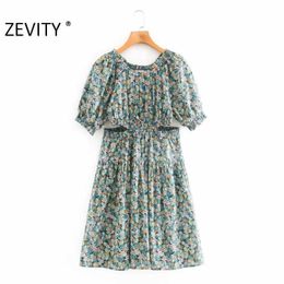 ZEVITY Women fashion flower print hollow out pleats Dress female puff sleeve waist cut off Vestidos Chic slim Dresses DS4372 210603