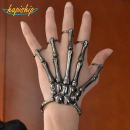 Hapiship Men/women Hot Sell Fashion Style Black Halloween Hand Skull Elastic Bracelet Bangle+rings Rch Free Drop Shipping Q0717