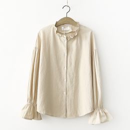 Khaki Ruffle Puff Sleeve Shirt Stand Collar Solid Women B0185 210514