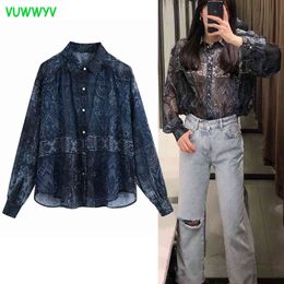 Blue Retro Oversized Boho Print Shirts for Women Chiffon Transparent Button Up Shirt Woman Long Sleeve Semi Sheer Ladies Tops 210430