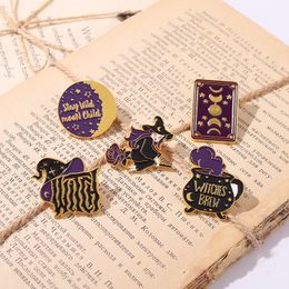 Witch Enamel Pin Witchcraft Brooch Tarot Cards Moon Phase Witches Hat Metal Badges Bag Clothes Pins Up Halloween Jewelry