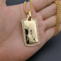 tone tags Australia - Pendant Necklaces Men's Masonic Dog Tag Necklace With CZ Men Jewelry Stainless Steel Freemason Gold Tone Hip Hop Accessories