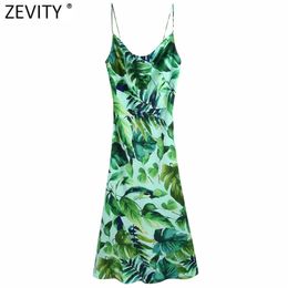Women Tropical Green Leaves Print Inner Sling Dress Female Spaghetti Strap Side Split Vestidos Chic Summer Dresses DS8278 210416