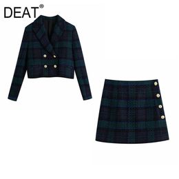 [DEAT] Spring Fashion Long Sleeve Double Breasted V-neck Blazer Lattice Mini Skirts Women Two-piece Suit 13C693 210527