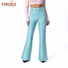 Yinoka Bandage Trousers Women Solid Elastic High Waist Slim Luxury Beading Bodycon Elegant Club Evening Party Flared Pants 211115