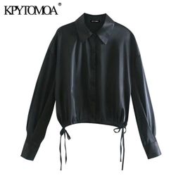 Women Fashion With Drawstrings Loose Cropped Cosy Blouses Long Sleeve Button-up Female Shirts Chic Tops 210420