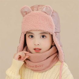 Winter Children Boy Girl Thick Waterproof Ear Protective Hat Scarf Set For Kids a Warm Baby Cap Bonnet 211023