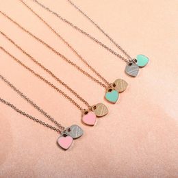 Fashion Pink/Blue Enamel Double LOVE Heart-shaped Pendant Necklace Women Stainless Steel Frang Chain Link Jewelry Gift Chains