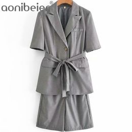 OL Office Lady Two Piece Outfits Summer Long Blazers and High Waist Short Sets Female Casual Suit Jacket Grey 210604
