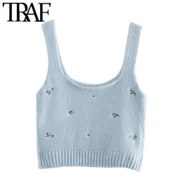 TRAF Women Fashion Floral Embroidered Cropped Knitted Blouses Vintage Sleeveless Straps Female Shirts Blusas Chic Tops 210415