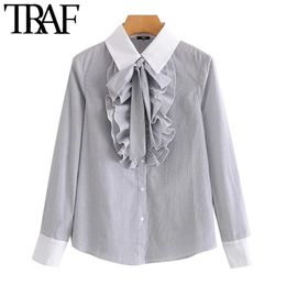 TRAF Women Fashion With Bow Ruffled Office Wear Blouses Vintage Long Sleeve Button-up Female Shirts Blusas Chic Tops 210415