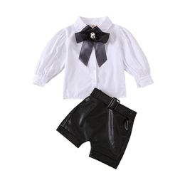 Girls Clothes Spring Kids Fashion Puff Sleeve White Shirt + Leather Pants Set Free Bowknot and Belt 4 Pieces Girl 210515