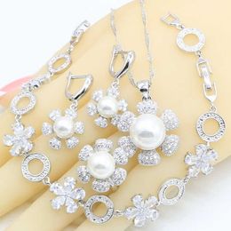 White Pearl Silver Color Jewelry Sets For Women Plant Design Zircon Bracelet Earrings Rings Necklace Pendant H1022