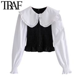 TRAF Women Sweet Fashion Patchwork Ruffle Cropped Blouse Vintage Long Sleeve Button-up Female Shirts Blusas Chic Tops 210415