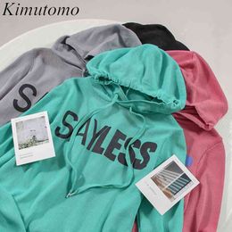 Kimutomo Hooded Sweatshirt Women Spring Letter Printed Female Long-sleeved Casual Draw String Clothes Fashion 210521