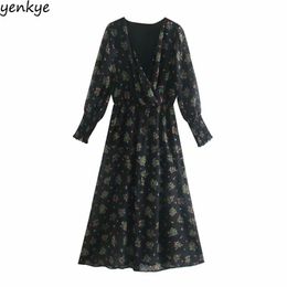 Fall Women Vintage Dotted Floral Print Long Sleeve Wrap V Neck A-line Casual Maxi Dress Plus Size Autumn Vestido 210514