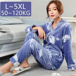 5XL Plus Size Winter Women Thicken Warm Flannel Pajamas Sets Long Sleeve home clothes women Sleep wear Lounge Clothes Home Suit 210330