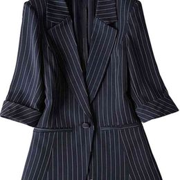 Plus Size 5XL 6XL 7XL Women Blazer Summer Striped Blaser Pockets Single Breasted Notched Three Quarter Business Suits 210527