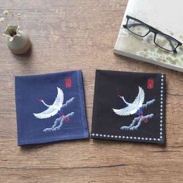 Men's Crane Embroidered Flower Ancient Chinese Wind Embroidery Nostalgic Handkerchief Tea Towel Small Pocket Square