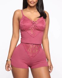 Women Sleepewear Sexy Spaghetti Strap Eyelash Lace Bowknot Decor Cami Set See Through Solid Patchwork Female Soft Pyjamas 210415